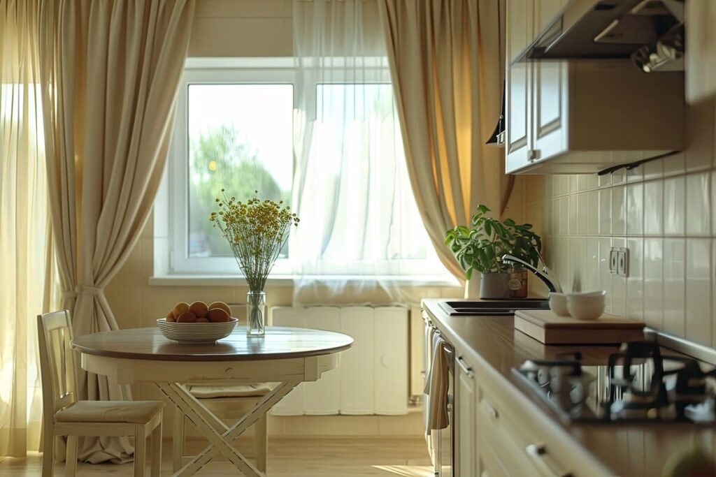 массивные шторы на кухне